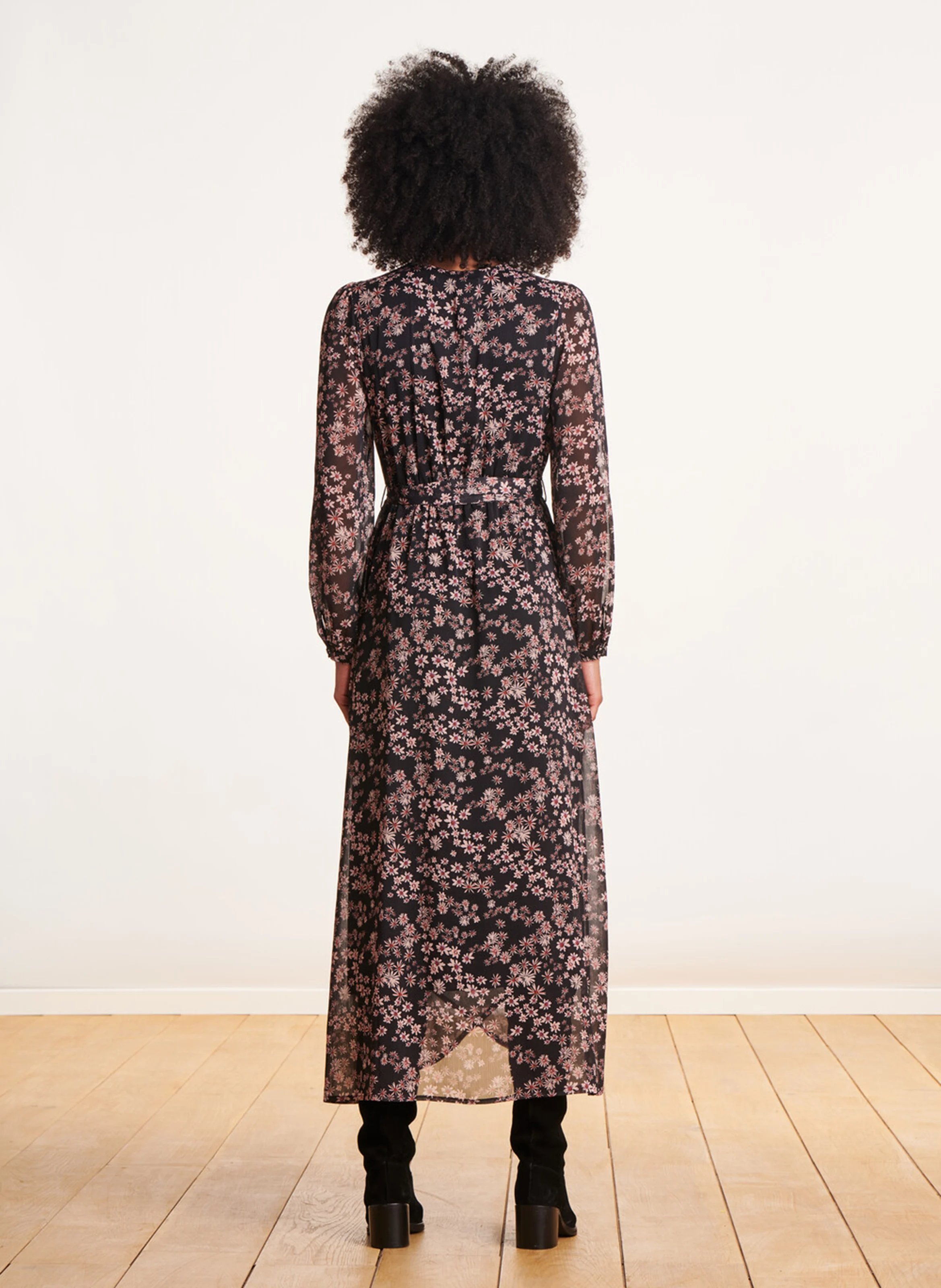 Robe longue cache-coeur à imprimé fleuri| Noir