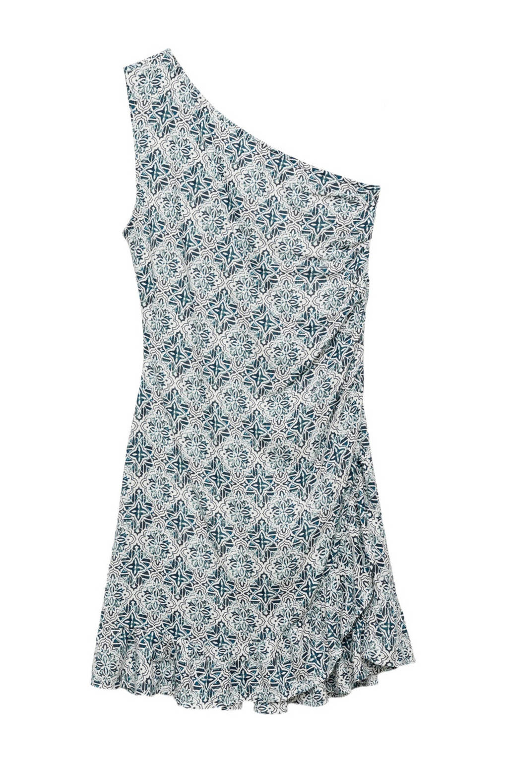 MANGO TEEN jurk met all over print en volant blauwgroen/ecru