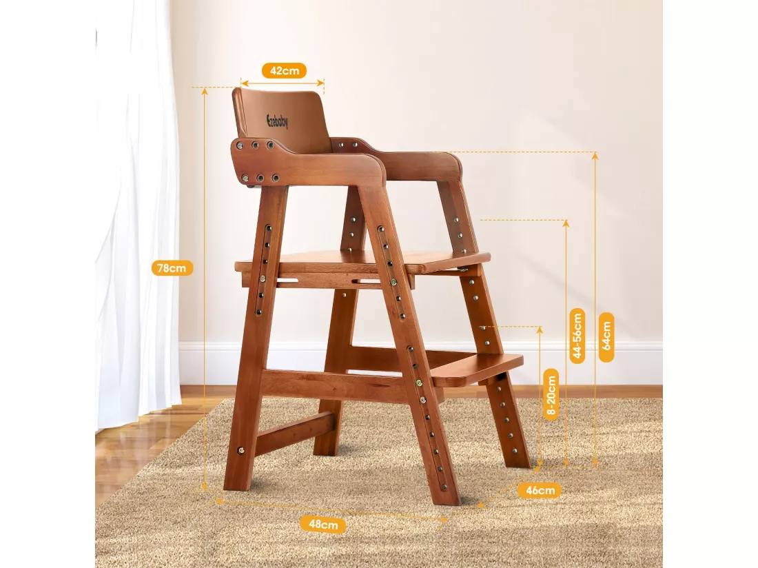 Chaise Haute Bébés Évolutif en Bois de Hêtre, 6 Hauteurs Réglables, Coussins Amovible Lavable, Multifonction Chaise Enfant Stable Solide,Marron
