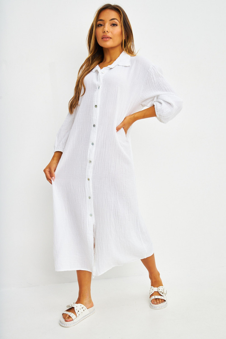 Robe chemise longue en coton texturé blanc