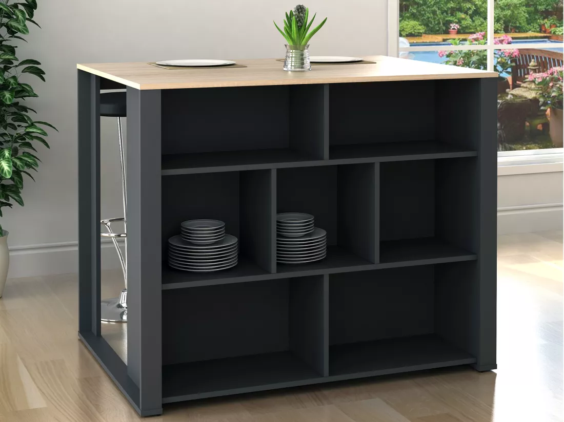 Ilot central de cuisine avec 7 niches - Naturel et anthracite - OPOLE