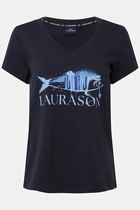 T-Shirt, Fisch Motiv, V-Ausschnitt, Halbarm