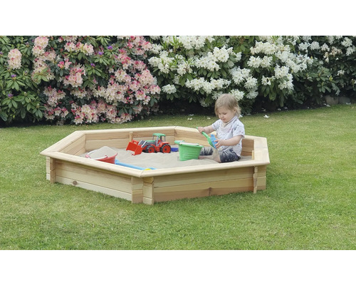 Fynja zeshoekige zandbak met wit zeil, hout, 173 x 148 x 21 cm, natuurlijke afwerking