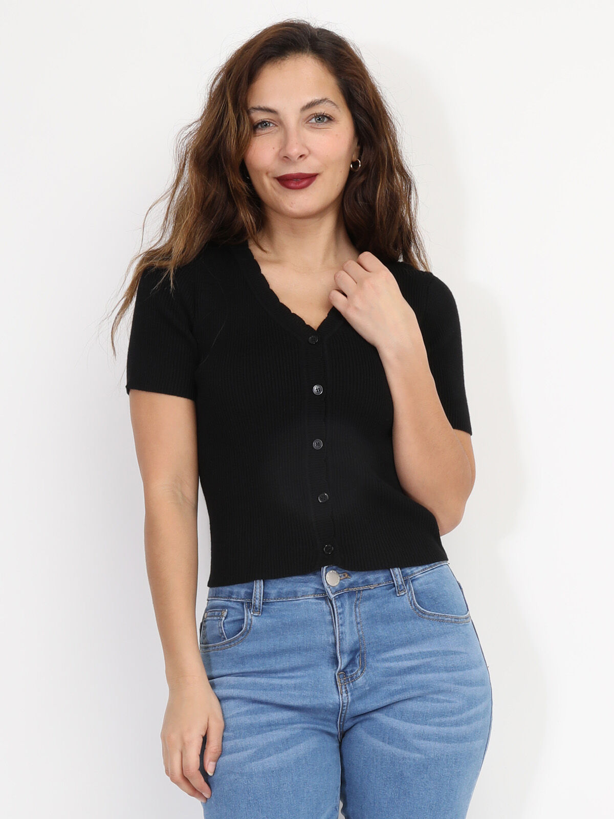 Top en maille côtelée style cardigan- Noir