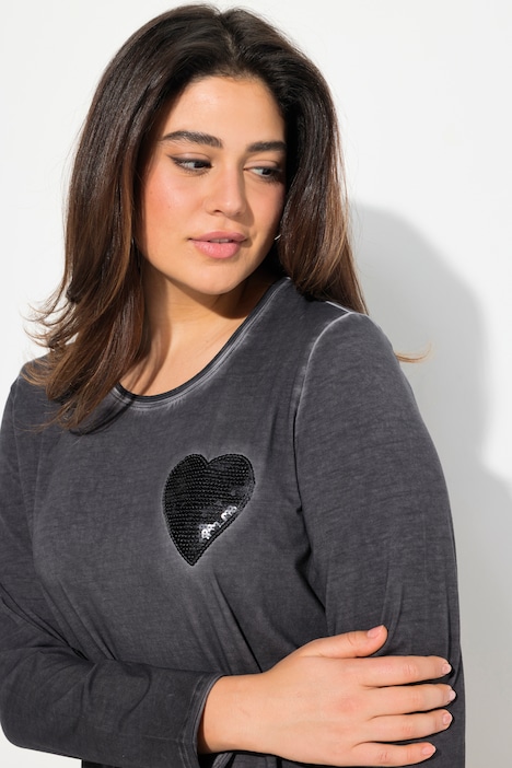 Shirt, cold dyed, Pailletten-Herz, V-Ausschnitt, Langarm