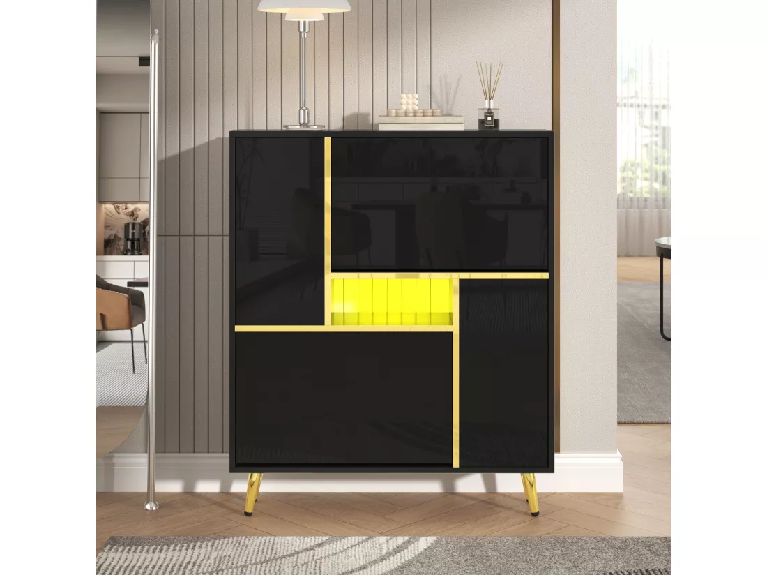 Armoire à Chaussures Moderne avec Lumière LED 16 Couleurs et Façade Haute Brillance, Noir, Design Élégant (80 x 25 x 96 cm)