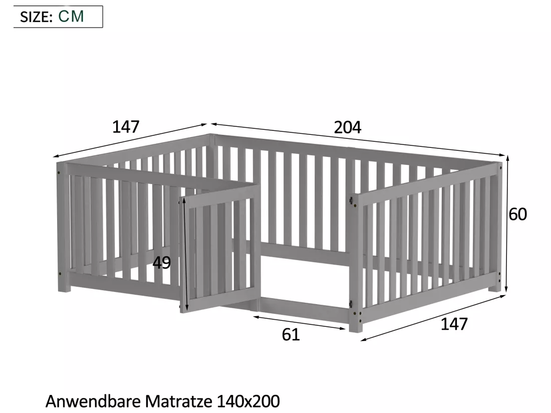 Lit bébé 140 x 200 cm sol en bois Cadre de lit avec clôture et porte, gris