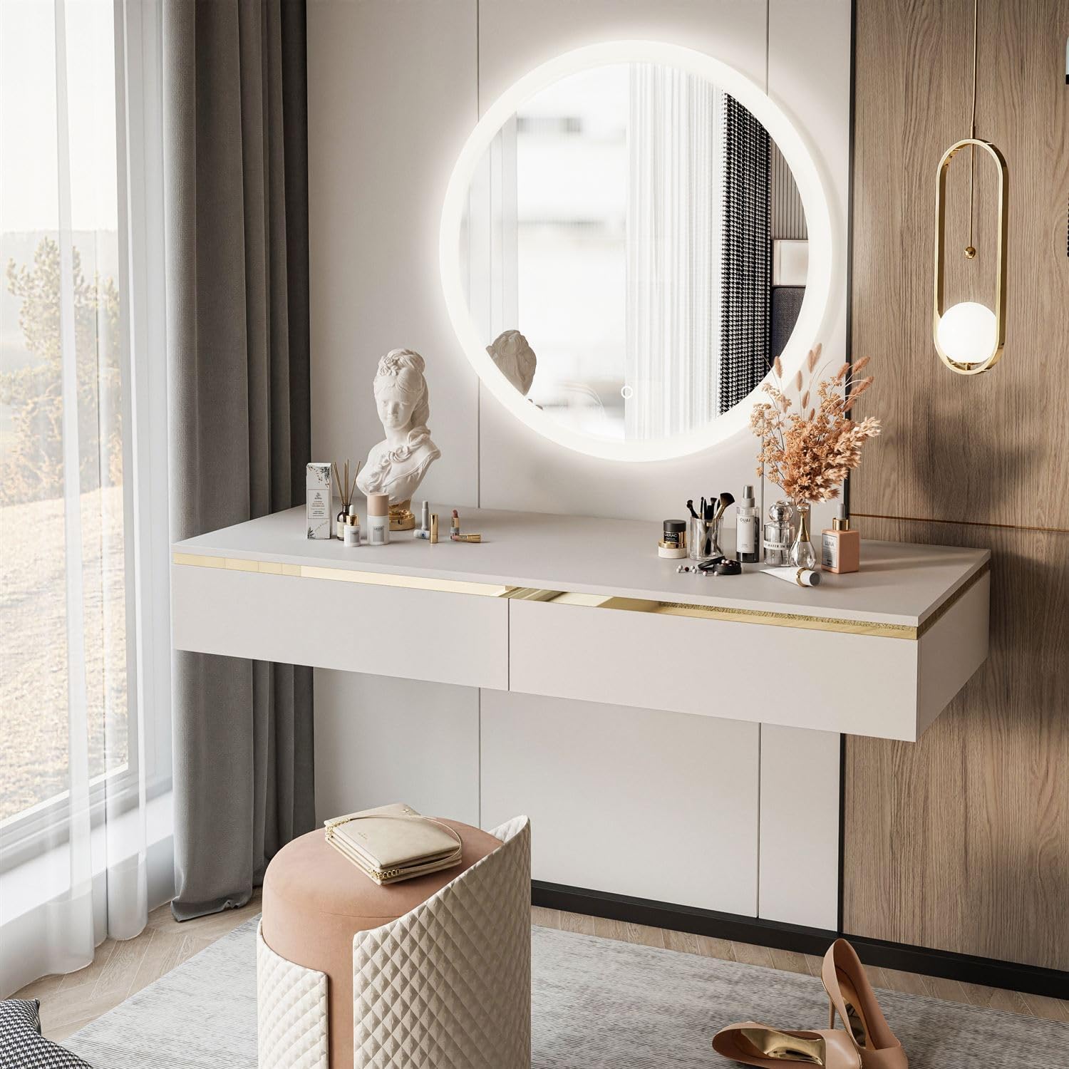 Lookway Hängender Schminktisch Aurora Kaschmir Matt mit Goldener Dekorleiste – optional mit LED-Spiegel, eleganter Wandtisch für Schlafzimmer & Wohnzimmer (ohne Spiegel)