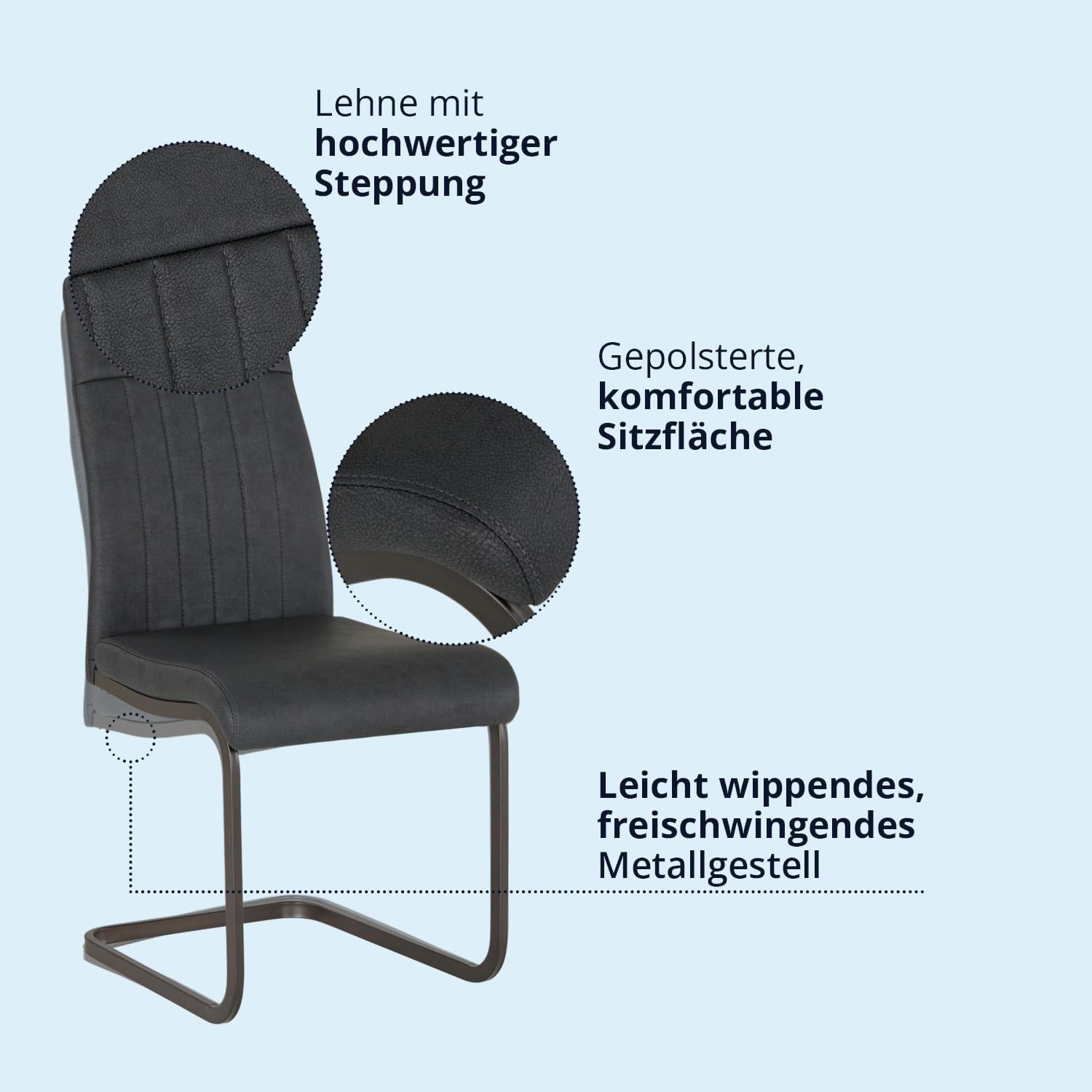 KHG 4er Set Esszimmerstühle Schwingstuhl Polsterstuhl Küchenstuhl Kunstleder Anthrazit - Design Stuhl Sitzhöhe 48 cm - Freischwinger mit Griff, für Esszimmer, Büro, Küche