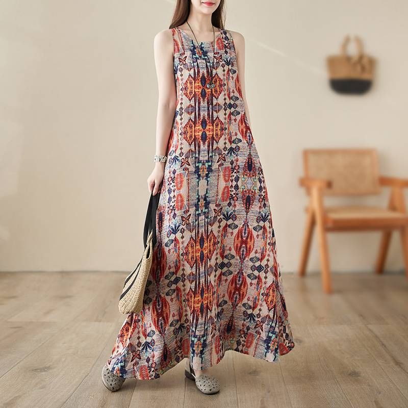 Lewwe - Mouwloze maxi-tuniekjurk met ronde hals en print