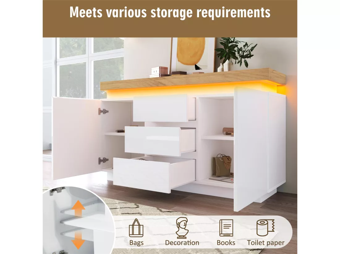 Commode avec LED - 3 tiroirs et 2 portes avec étagères réglables - Blanc