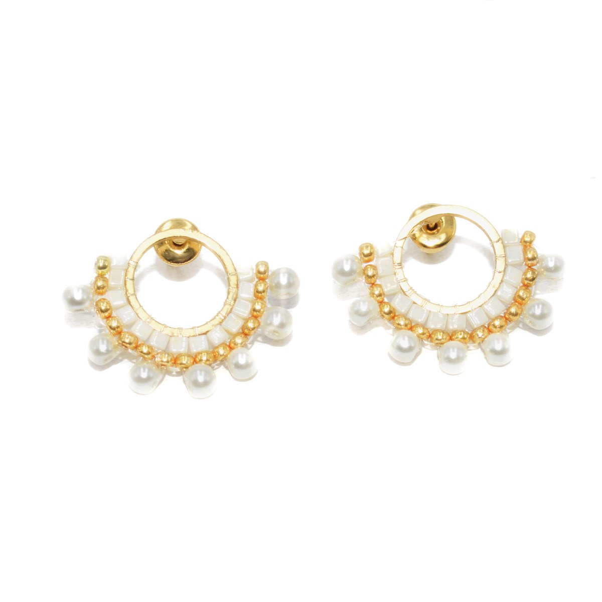 Boucles d'oreilles puces perles tisssées mains miyuki/nacre-Doré à l'or fin