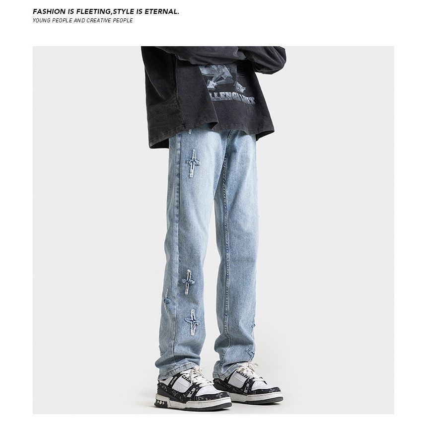 FOEV - Mid Rise Cross Applique Washed Loose Fit Jeans