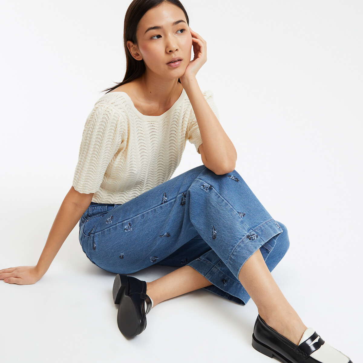COLEÇÃO LA REDOUTE<br>Calça jeans bordada, larga e curta, cintura alta
