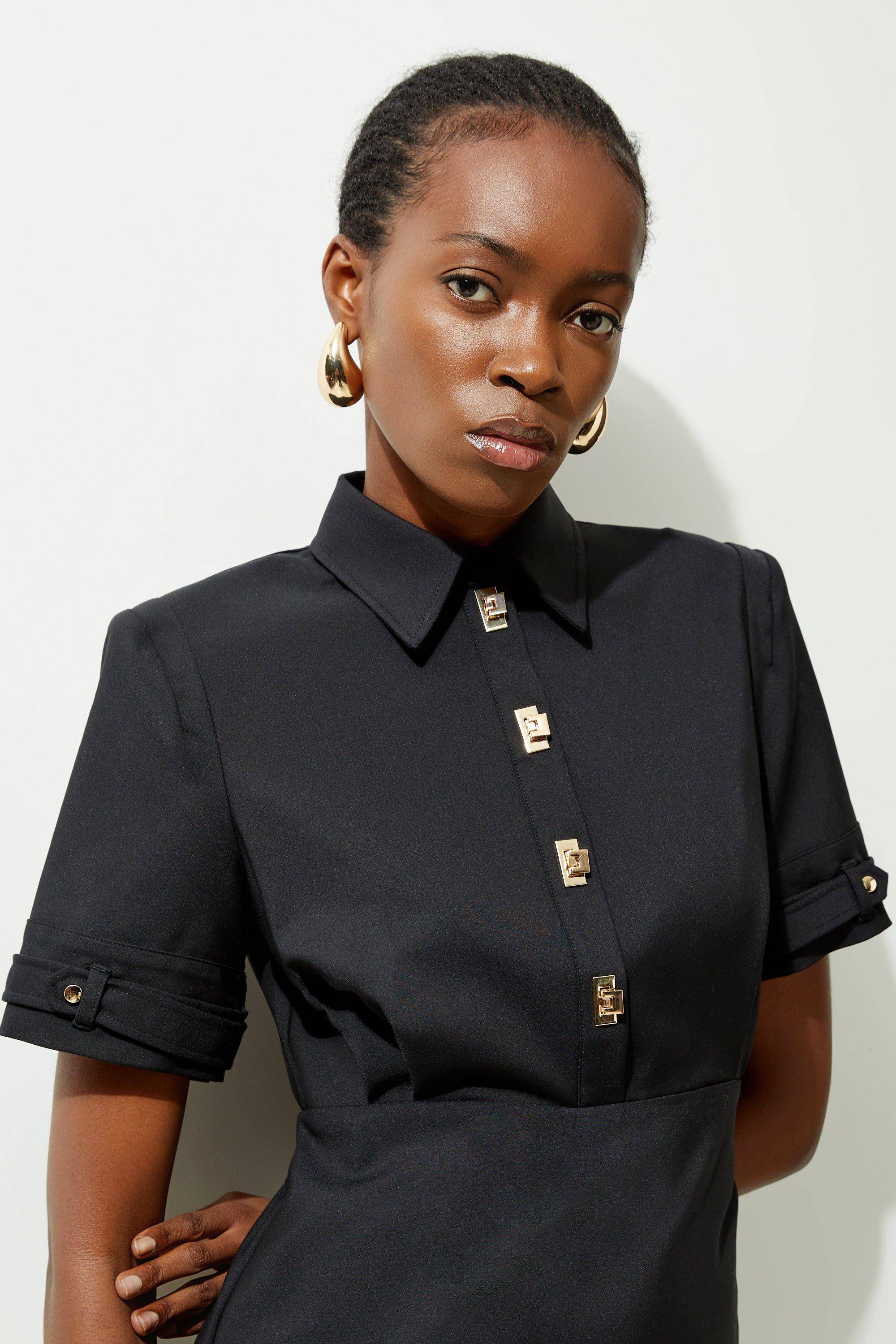 KarenMillen Robe chemise tissée Essential Techno à manches avec ferrures dorées