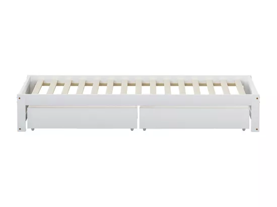 Lit enfant en bois massif 90x200 avec 2 tiroirs et sommier à lattes en bois moderne avec base blanche