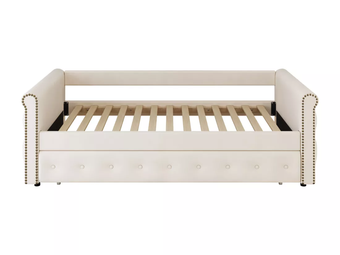 Lit gigogne 2x90x200cm - Canapé-lit extensible avec sommiers à lattes, sans matelas - lit en tissu velours - Beige