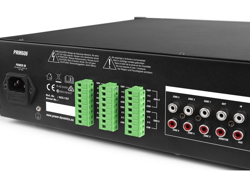Power Dynamics Verstärker Pro PRM606 100 V, 6x 60 W 6-Kanal Verstärker mit Bluetooth, MP3-Player, Mikrofoneingang und verstellbarer Ausgangsleistung