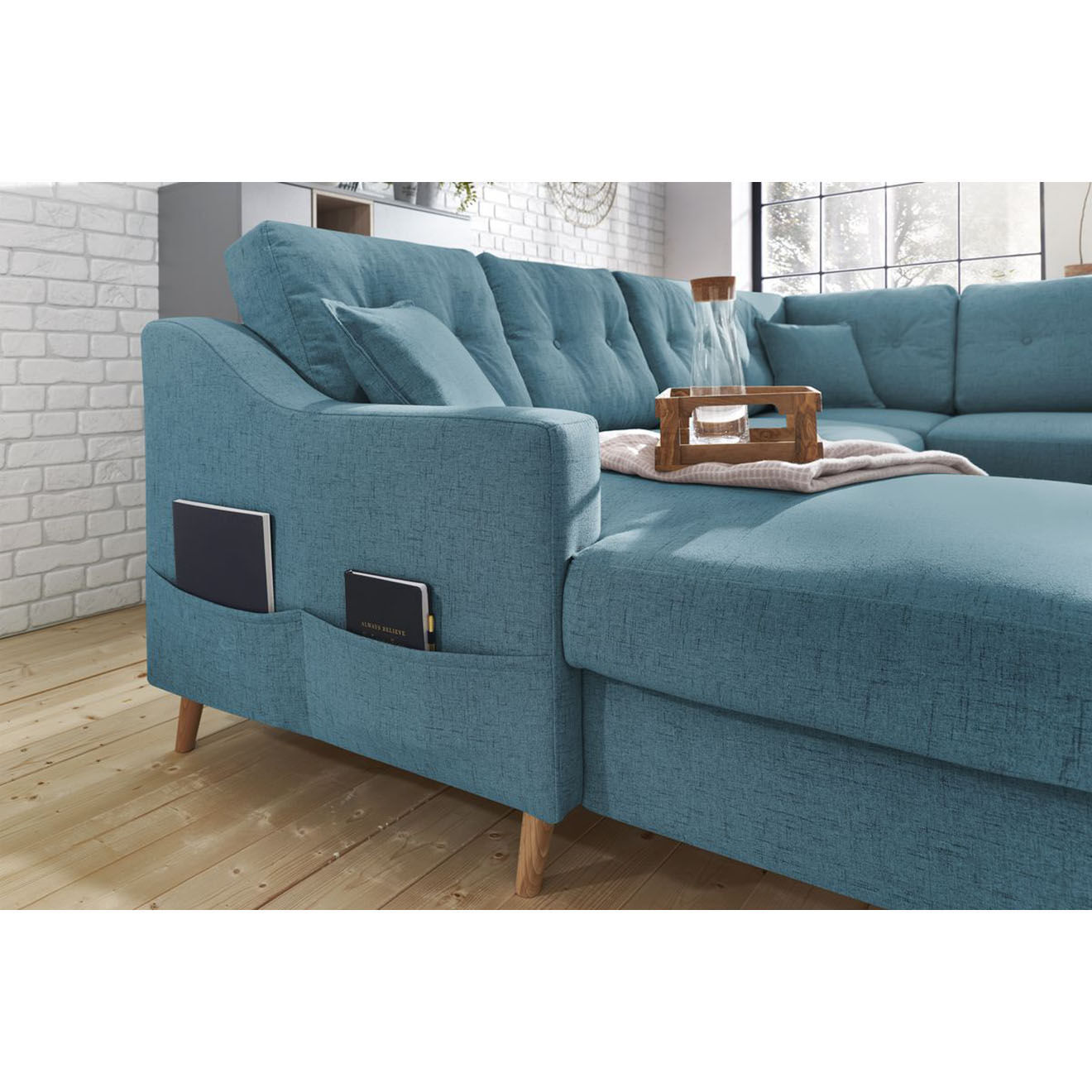 Bobochic Canapé d'angle panoramique convertible gauche Sweden bleu clair - 300x149/90/198x95 cm