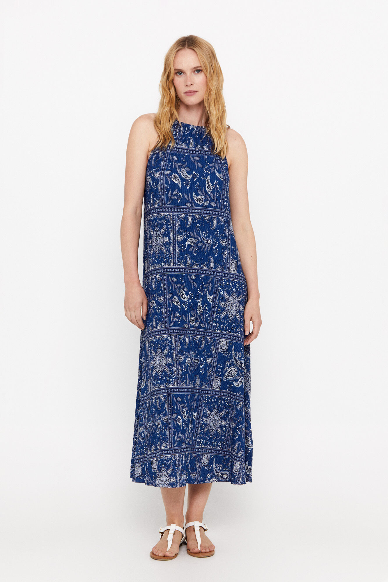 Vestido frente única plissado estampado - Estampa azul