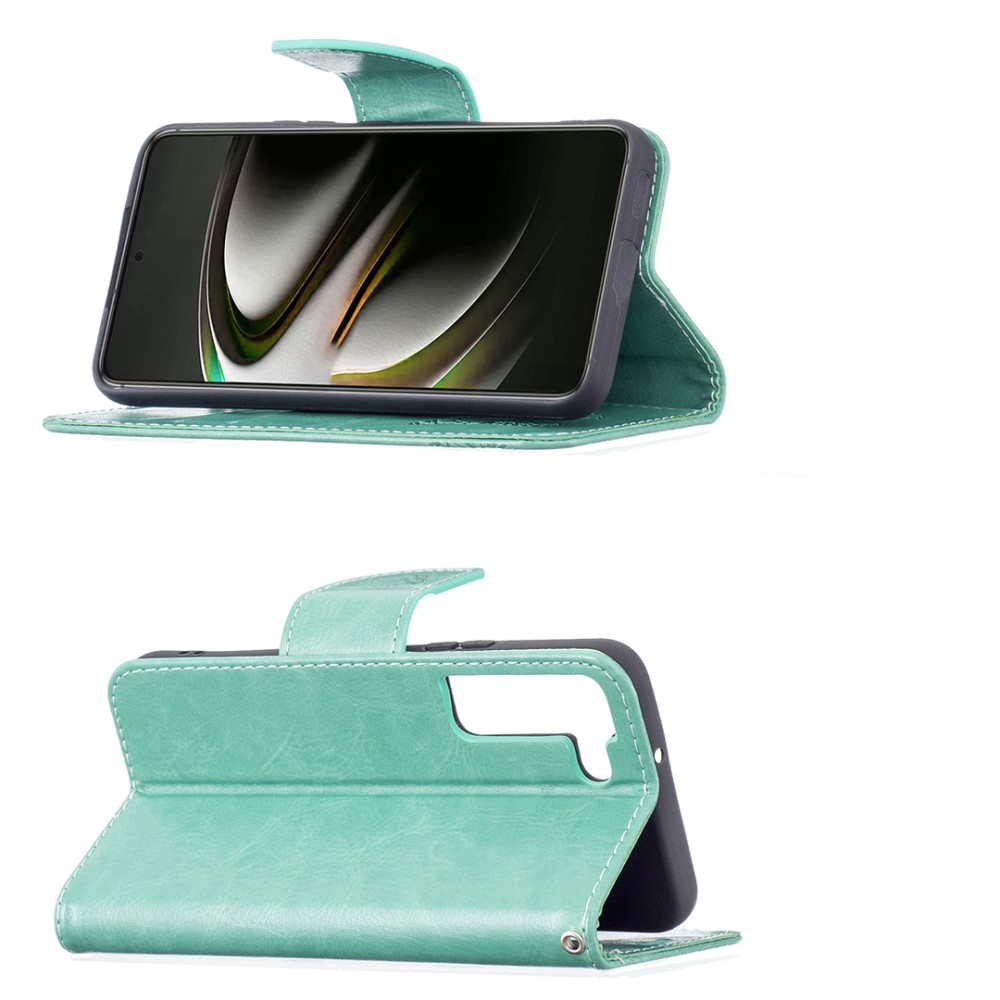 Samsung Galaxy S22 5G Leder Tasche mit Kartenfach   Handschlaufe Schmetterling - Türkis