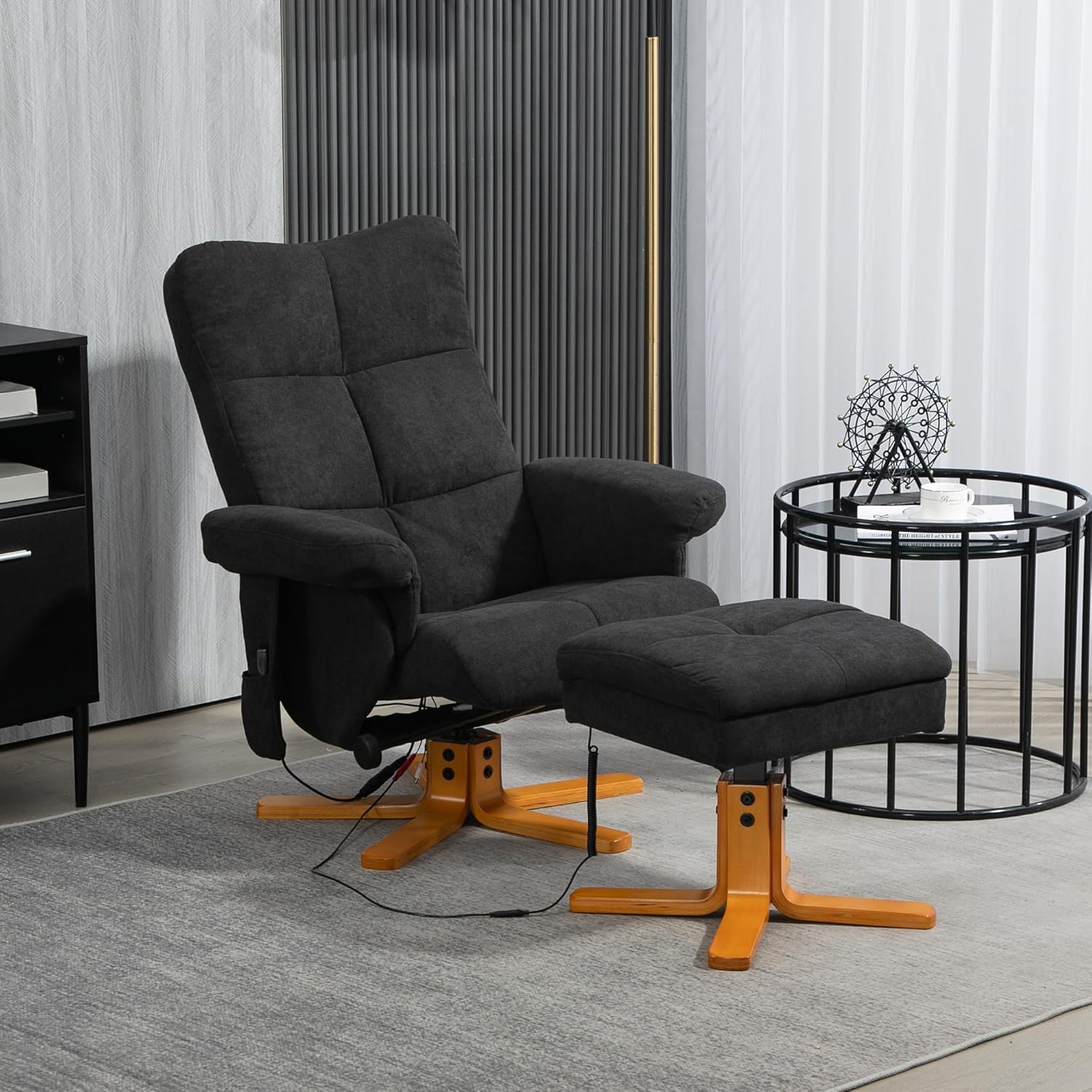 HOMCOM Relaxsessel mit Hocker, 360°drehbarer Fernsehsessel mit Massage, Liegefunktion, Massagesessel mit Seitentasche, TV-Sessel, Polyester für Wohnzimmer Schwarz