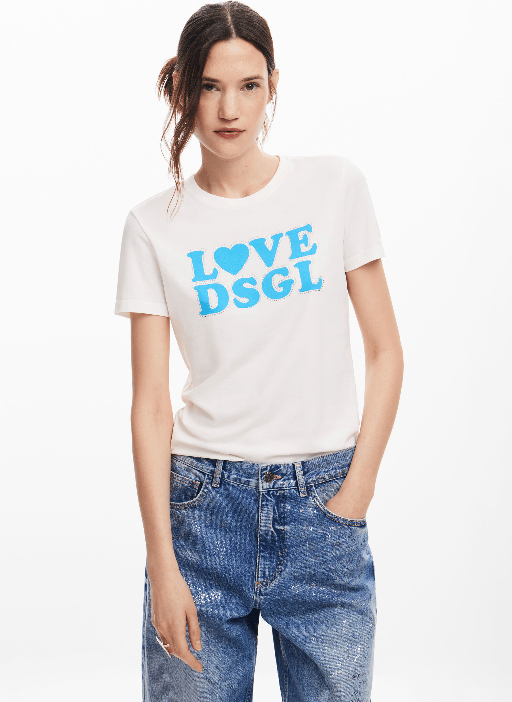 Tee-shirt col rond droit en coton mélangé sérigraphié | Blanc