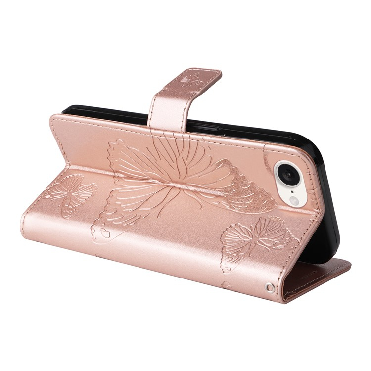 iPhone 16e Leder Tasche mit Kartenfach   Handschlaufe Schmetterling - Roségold