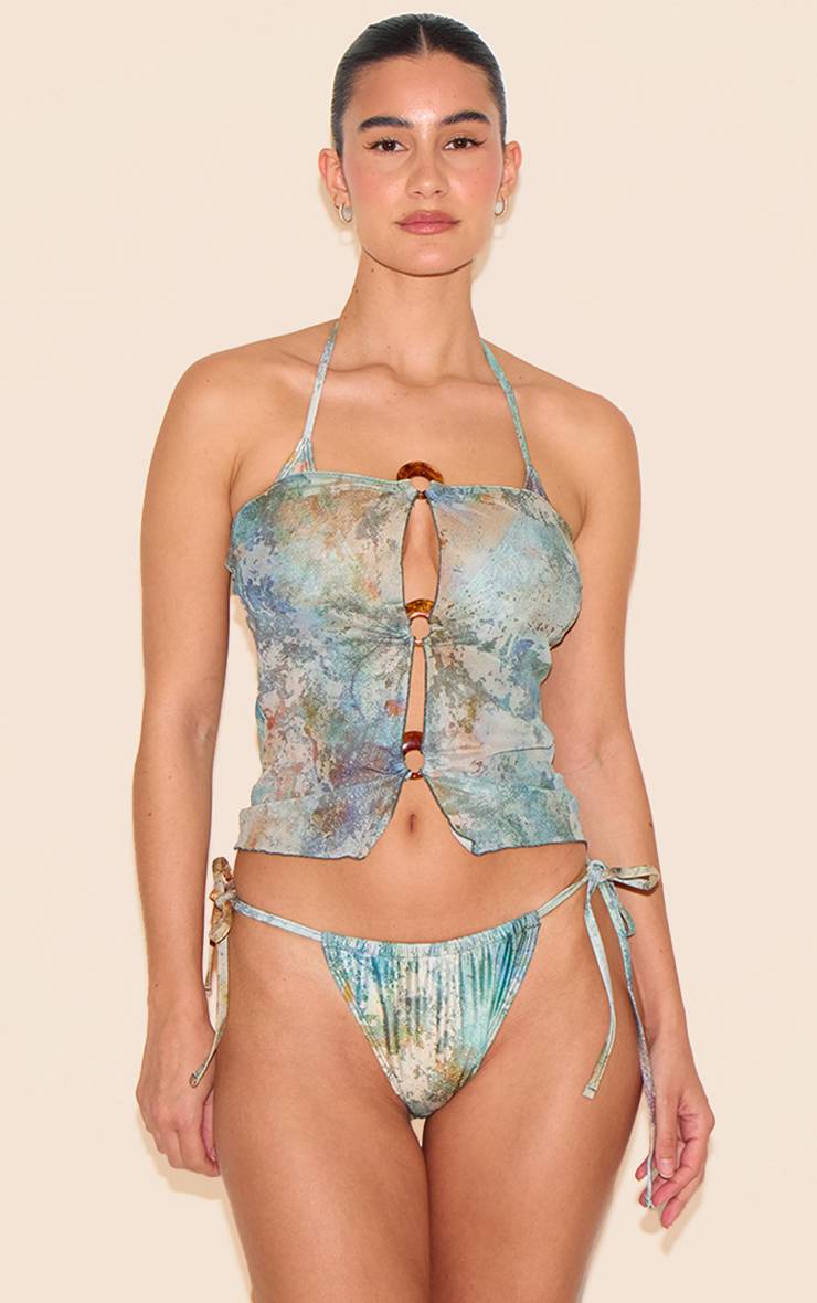 Vert Haut De Plage Bandeau À Imprimé Marbré Avec Détail Anneau En O