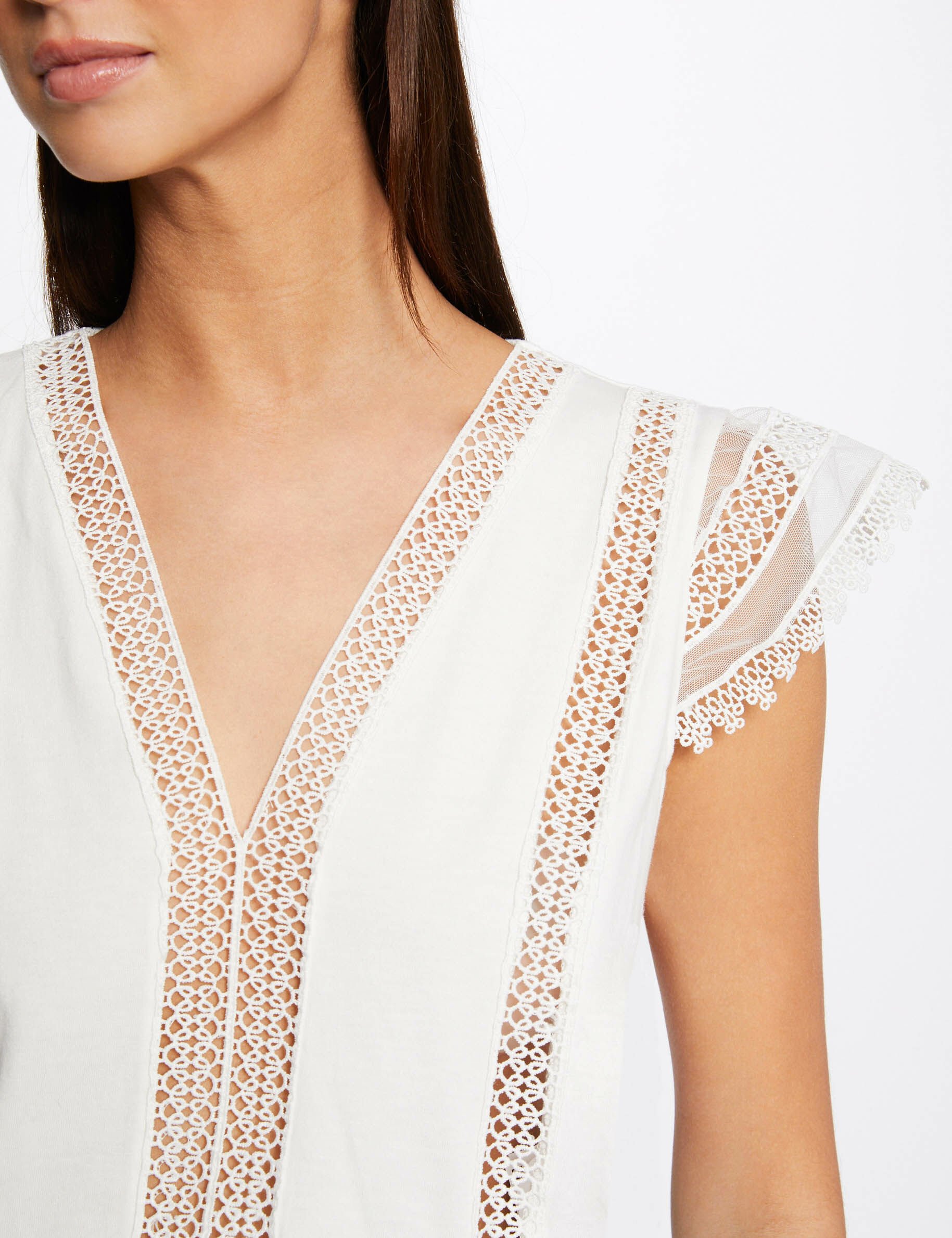 T-shirt manches courtes à dentelle ecru femme - ecru
