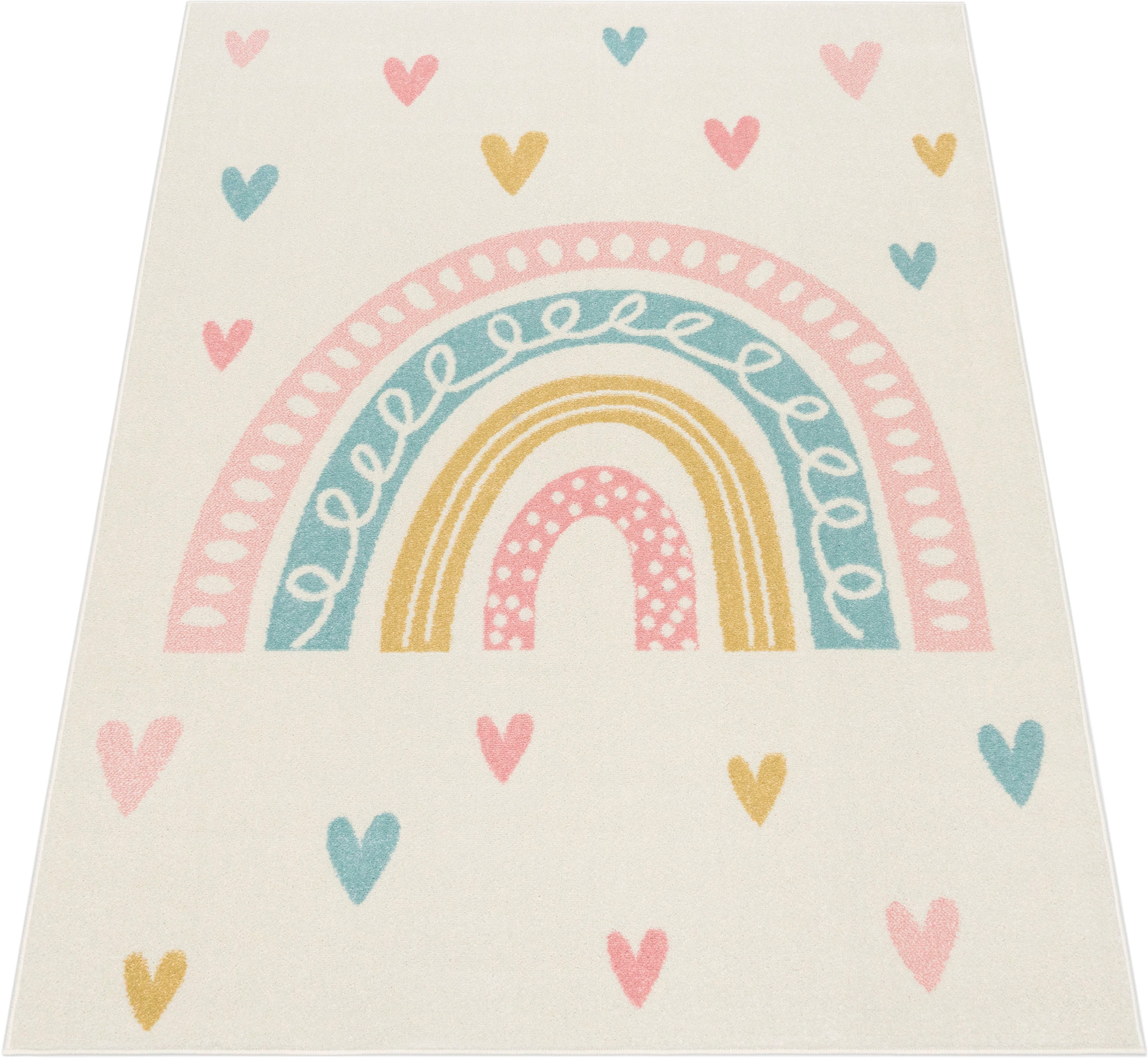 Paco Home Kinderteppich »Nino 887« rechteckig 13 mm Höhe Kurzflor, Spielteppich, Motiv Regenbogen & Herzen, Kinderzimmer