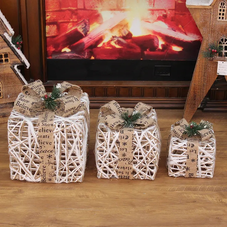 (3er Set) LED Christmas Geschenke Weihnachts Home Deko (Batteriebetrieben) - Weiss / Braun