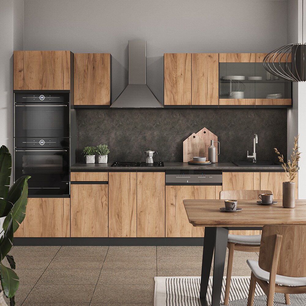 Vicco Küchenzeile Küchenblock Einbauküche R-Line J-Shape Anthrazit Eiche 300 cm modern Küchenschränke Küchenmöbel