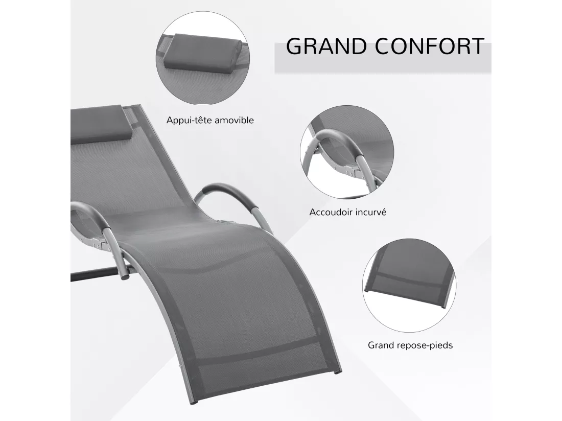 Bain de soleil transat design contemporain avec appui-tête grand confort léger aluminium textilène 160 x 60 x 65 cm gris