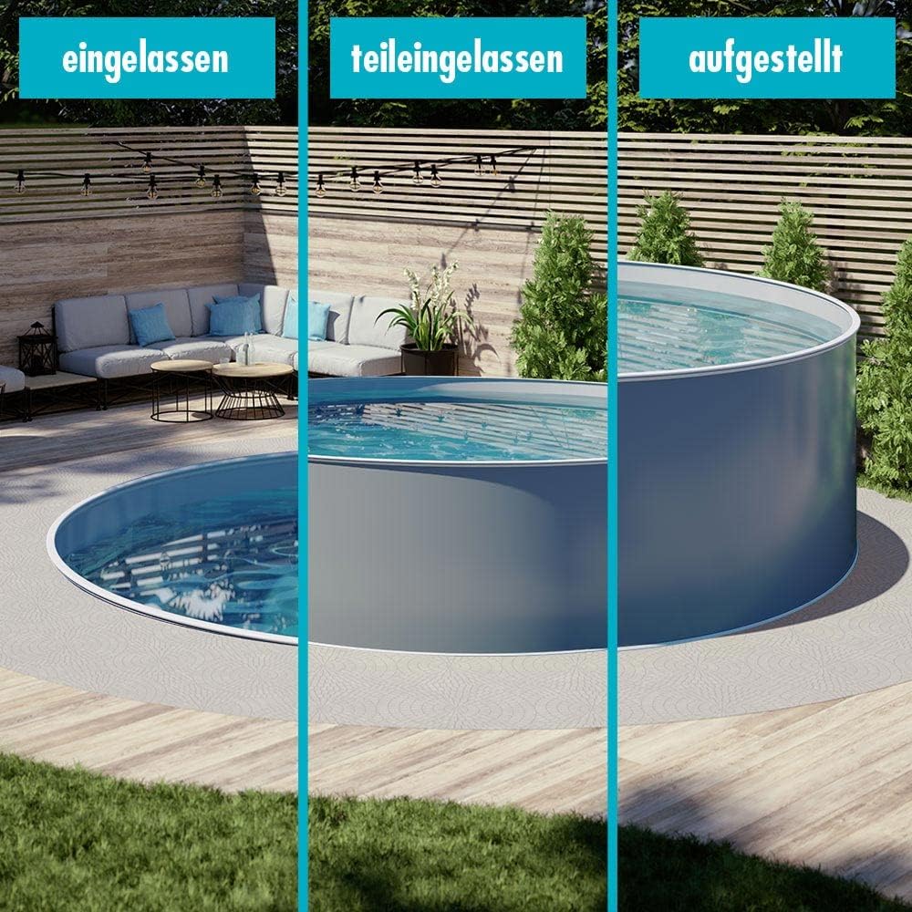 Design-Stahlwandpool Ø 3,00 x 1,20 m - Rundpool anthrazit mit Grauer 0,80 mm Folie - einfacher Aufbau - schraubenfreie Montage - freistehend teileingelassen oder eingelassen