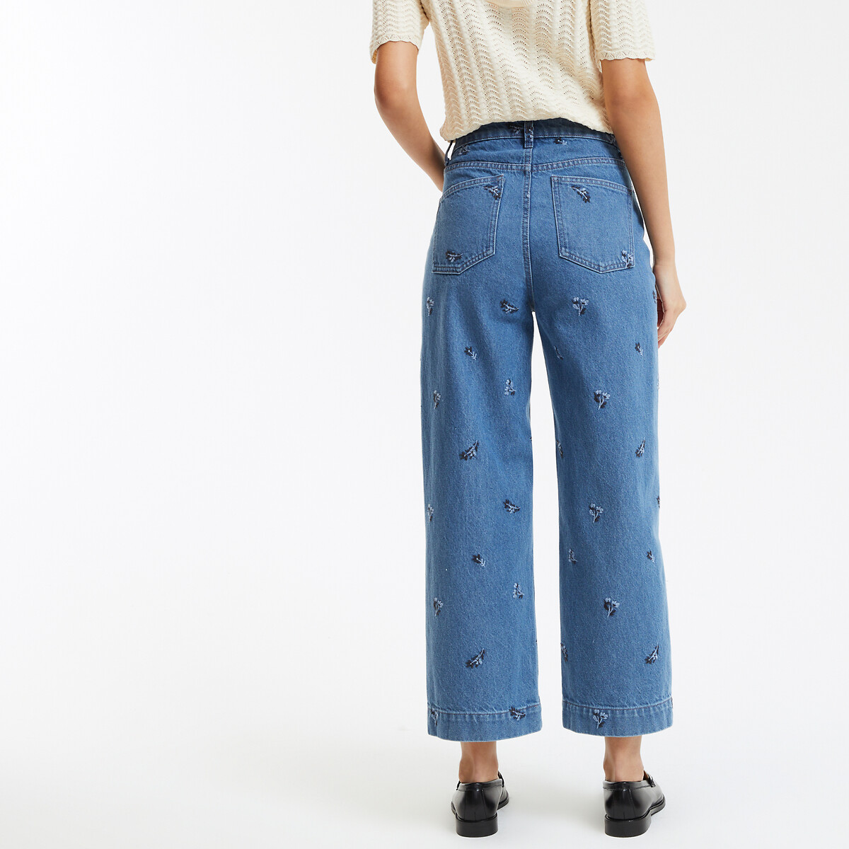 COLEÇÃO LA REDOUTE<br>Calça jeans bordada, larga e curta, cintura alta