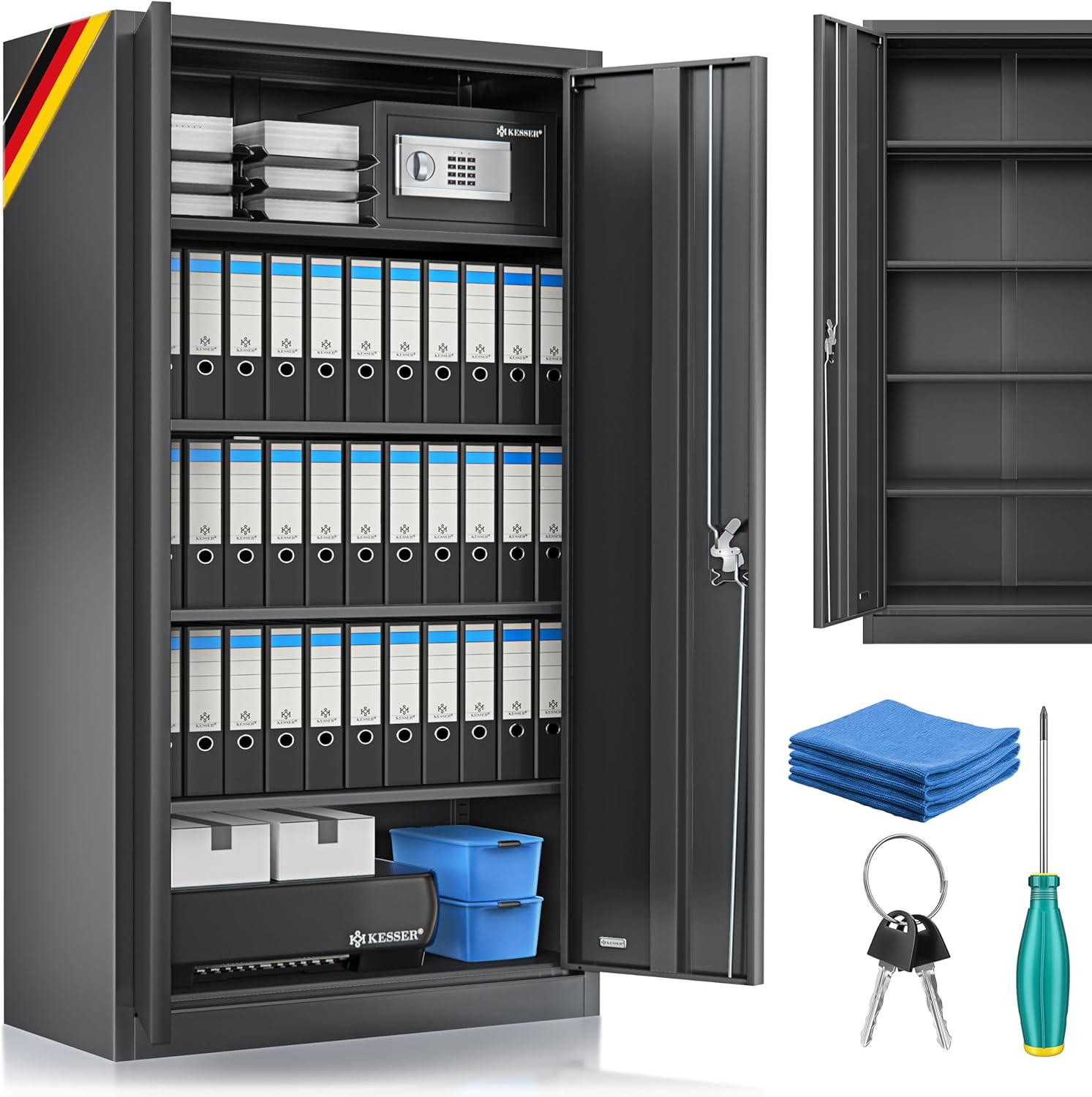 KESSER® Aktenschrank abschließbar mit Flügeltüren 180x60x40cm | Büroschrank aus Stahl mit 4 höhenverstellbaren Einlegeböden | Mehrzweckschrank 5 flexible Fächer, max. 40 kg pro Fach, inkl. 2 Schlüssel RD0509165