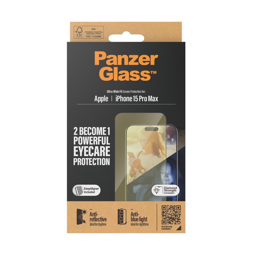 PanzerGlass - Eyecare Skærmbeskyttelse iPhone 15 Pro Max - Ultra-Wide Fit