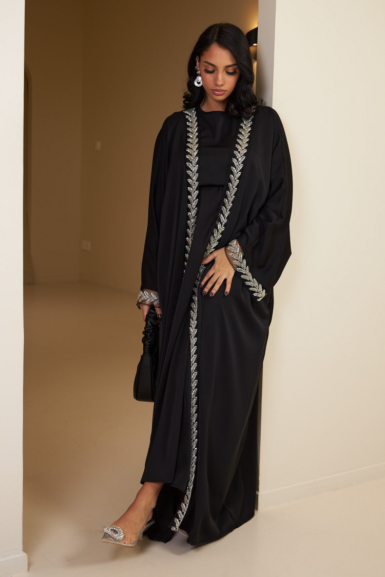 Ensemble 3 pièces abaya + gilet + voile noir