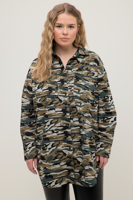 Hemdbluse, oversized, Camouflage, Hemdkragen, Langarm