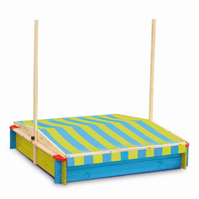 Sandkasten aus Holz - mit Dach - blau/gelb