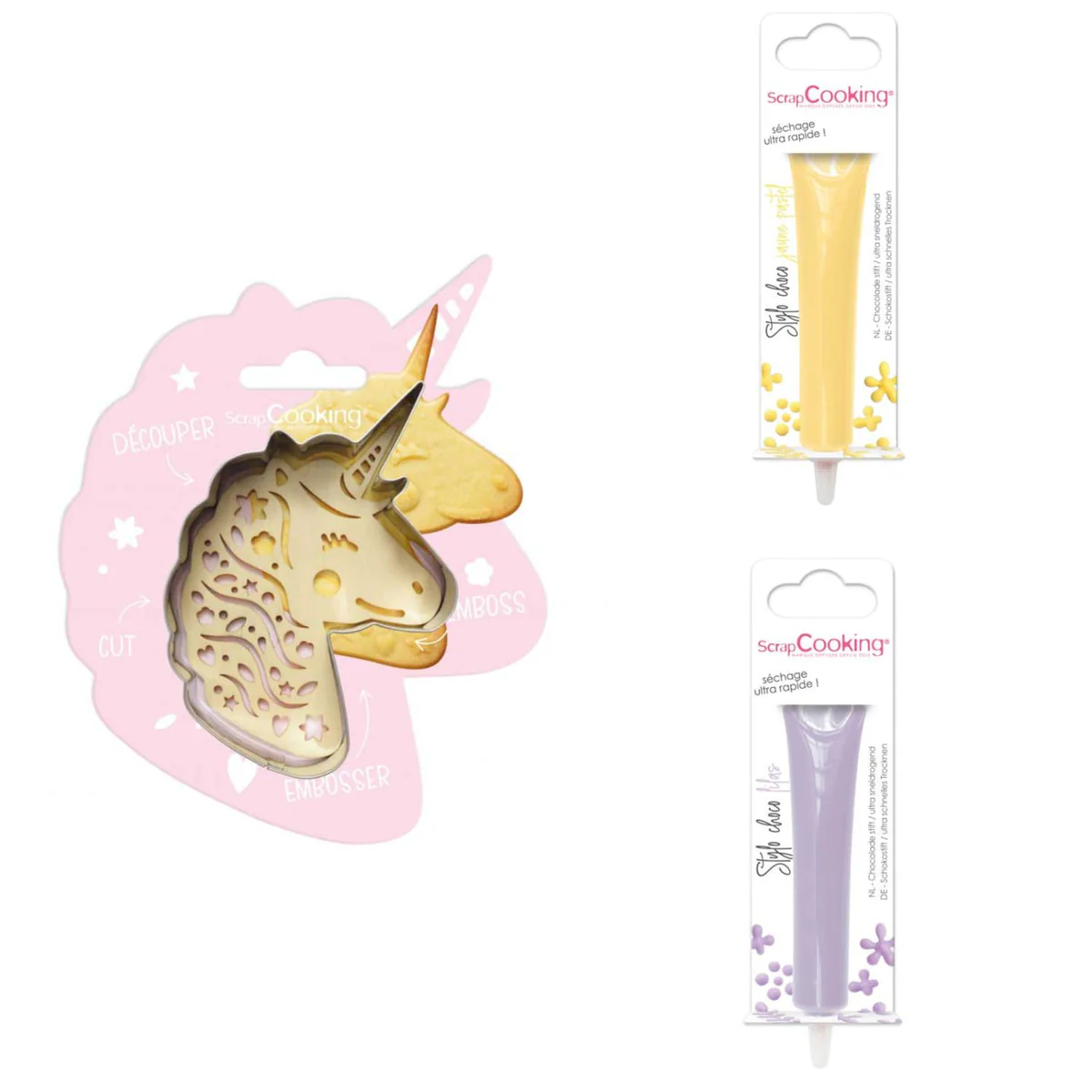 Kit pour biscuit en relief Licorne + 2 Stylos au chocolat jaune pastel