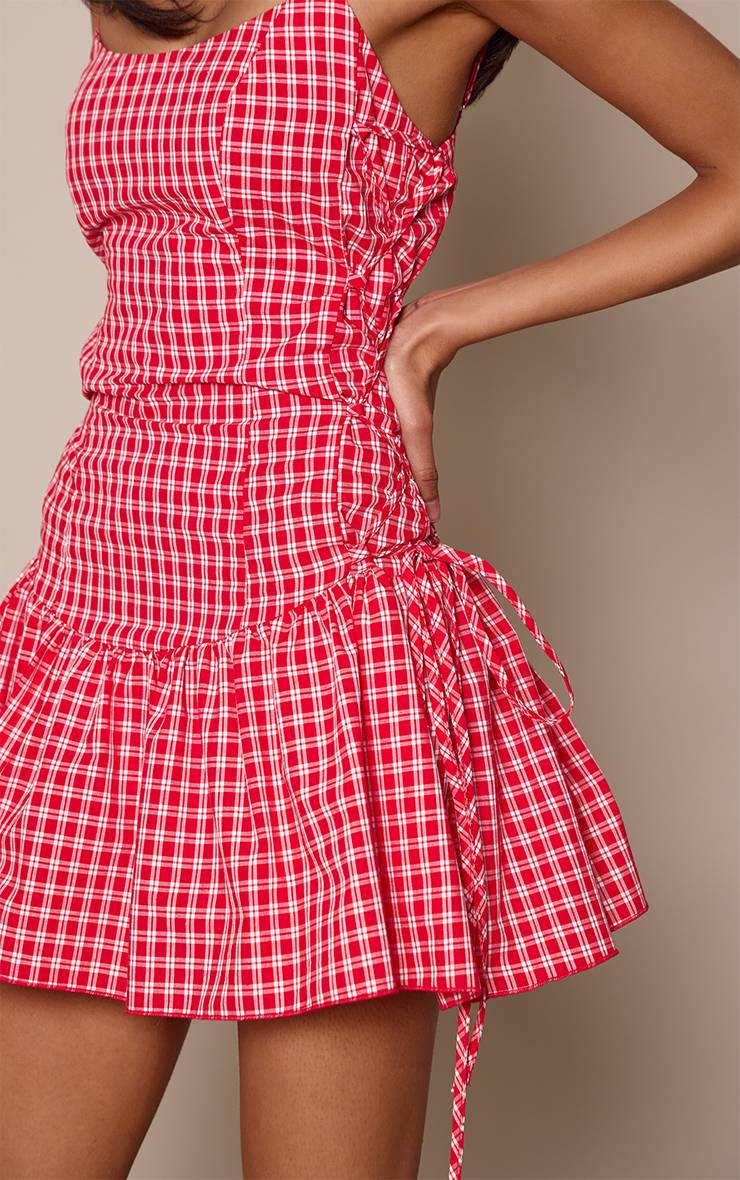 Rouge Robe Droite À Bretelles Et Laçage Vichy