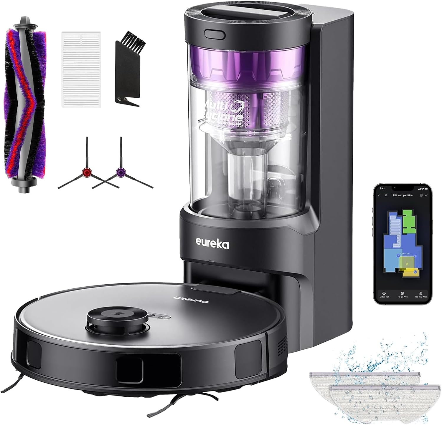 EUREKA E10s 2.Gen Saug- & Wischroboter + beutelloser Multi-Zyklon-Absaugstation (4000Pa, auto Teppicherkennung, auto Mop Lifting, LiDAR-Navigation, ideal gegen Tierhaare, App-/Sprachsteuerung) schwarz