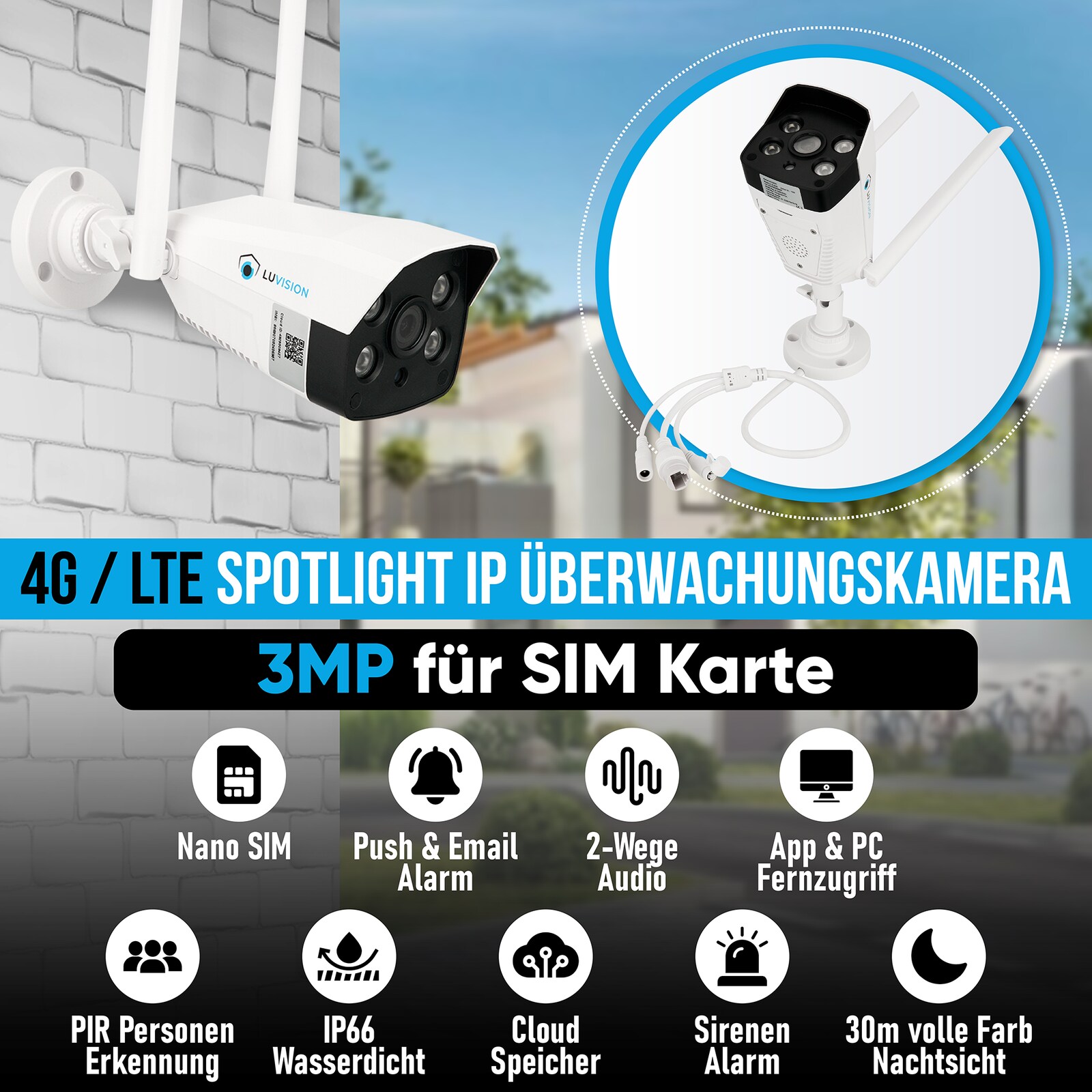 LUVISION 4G / LTE Spotlight 3MP IP Überwachungskamera Kamera mit SIM Mobilfunk Karte Sirene Outdoor