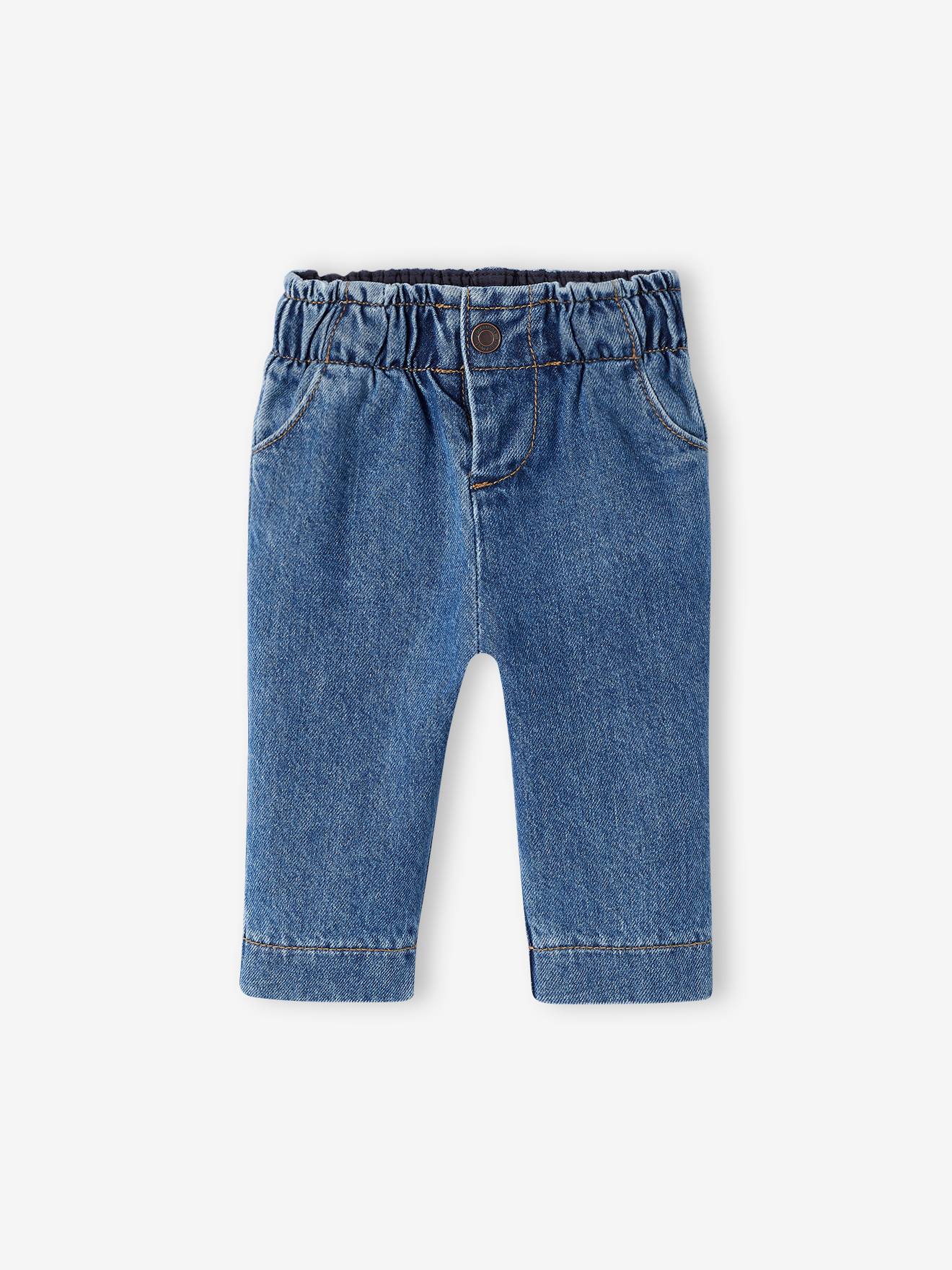 Calça jeans infantil de pernas largas com cintura elástica, cor pedra