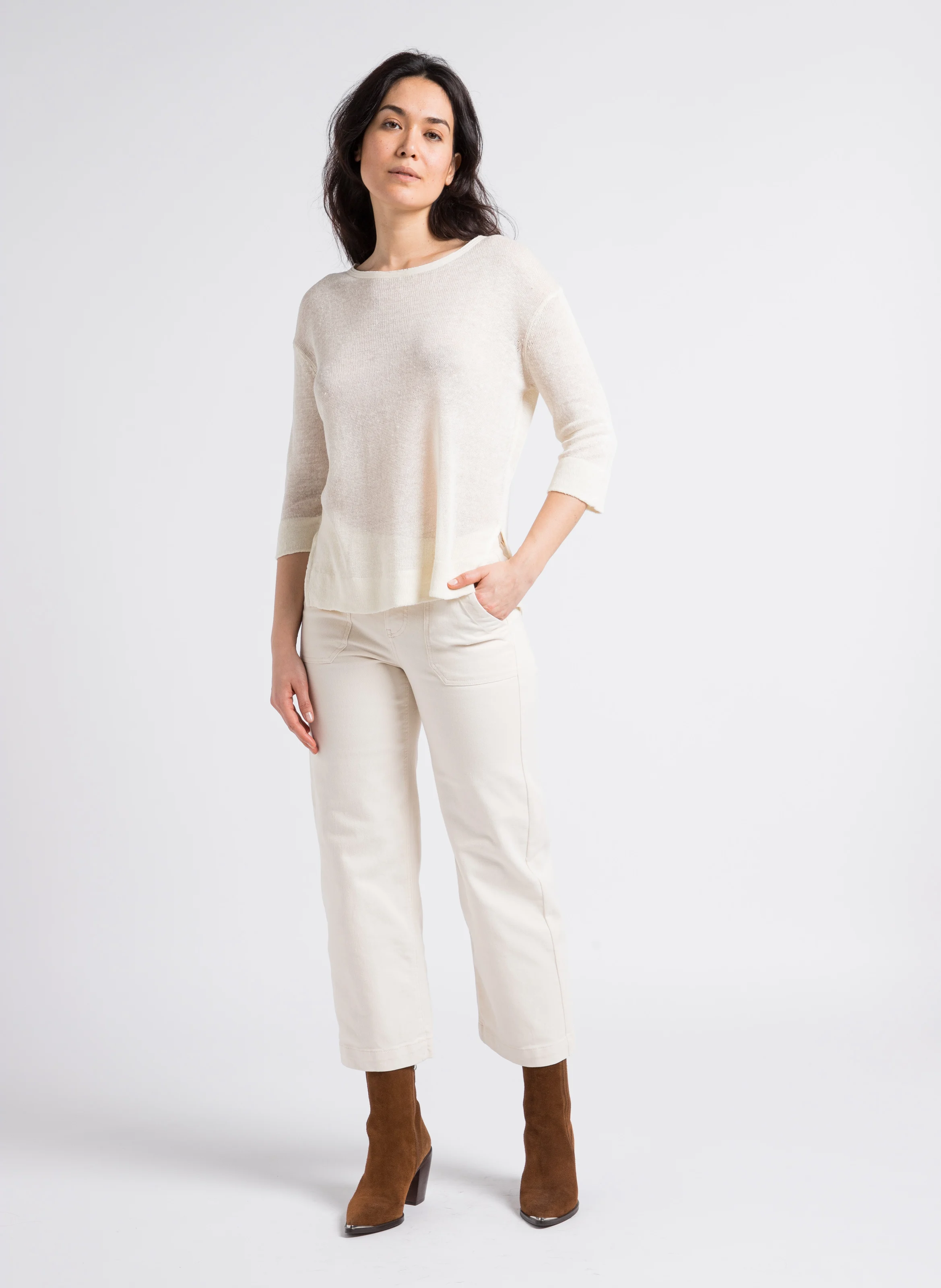 SELYNA - Jean droit taille haute en coton mélangé | Beige