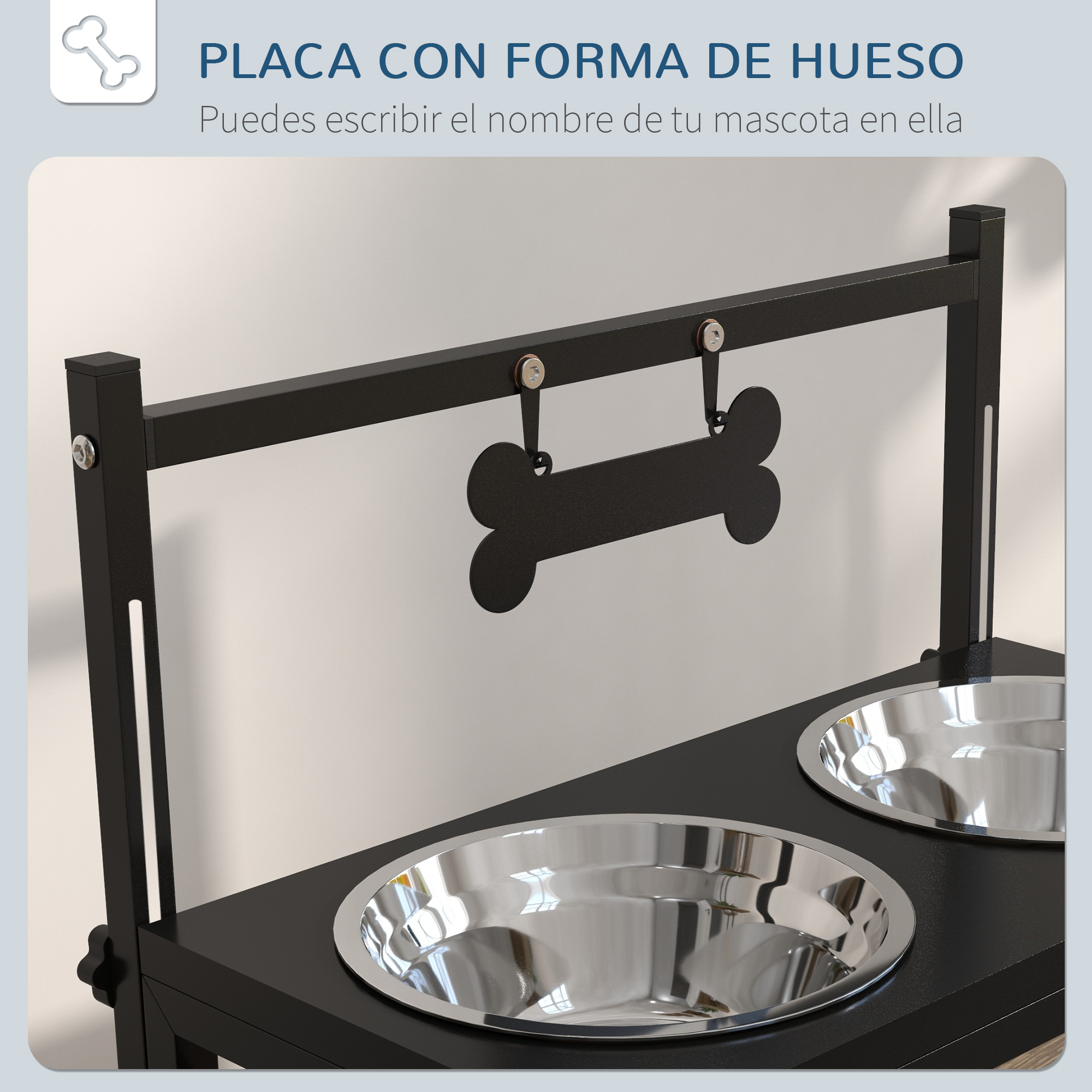 Comedouro elevado para cães PawHut, com 2 tigelas de aço inoxidável, altura ajustável e 1 prato de metal em formato de osso, 40,5 x 22 x 39 cm, preto.