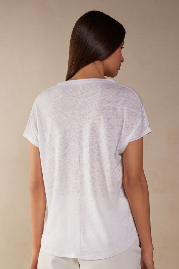 Camiseta de linho com decote em V e manga curta