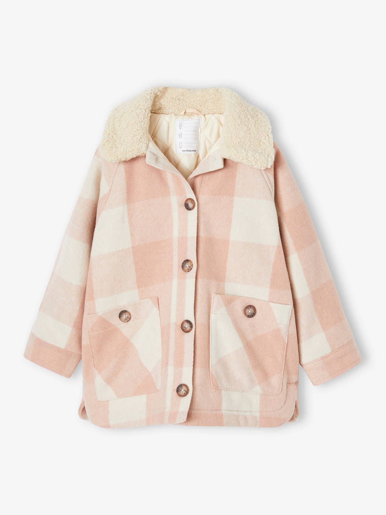 Casaco xadrez de lã para meninas, estilo sobrecamisa, xadrez marrom.